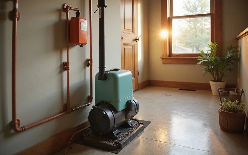 Sump pump and backflow valve in a finished basement