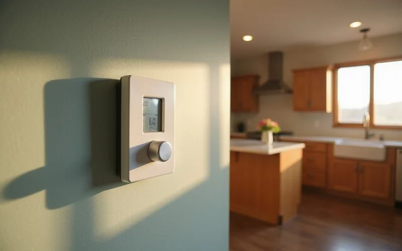 Thermostat set at 60 degrees on a wall in an empty, clean home