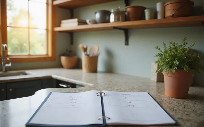 Three-column checklist on a clipboard labeled do, price in, skip, on a kitchen counter