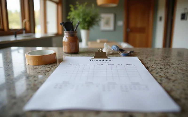 Timeline worksheet and calendar on a kitchen counter with packing tape