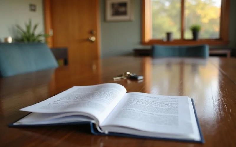 Title office conference table with closing folders and keys, natural light