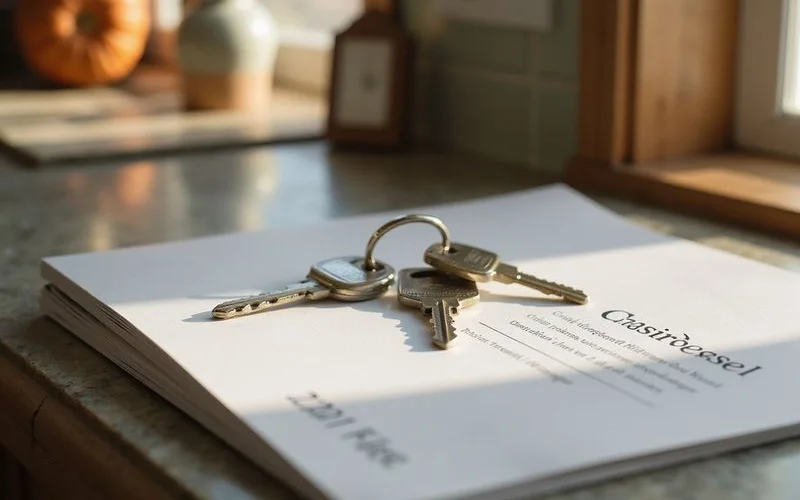 Two sets of house keys on a kitchen counter beside a closing folder