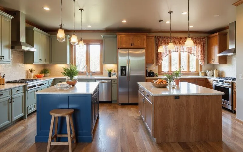 Updated kitchen beside a dated kitchen in similar Midwestern homes, warm light