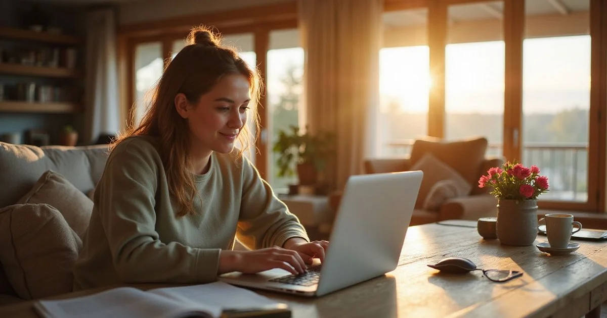 Adult child on a video call on a laptop, viewing a Minnesota house, warm home office light