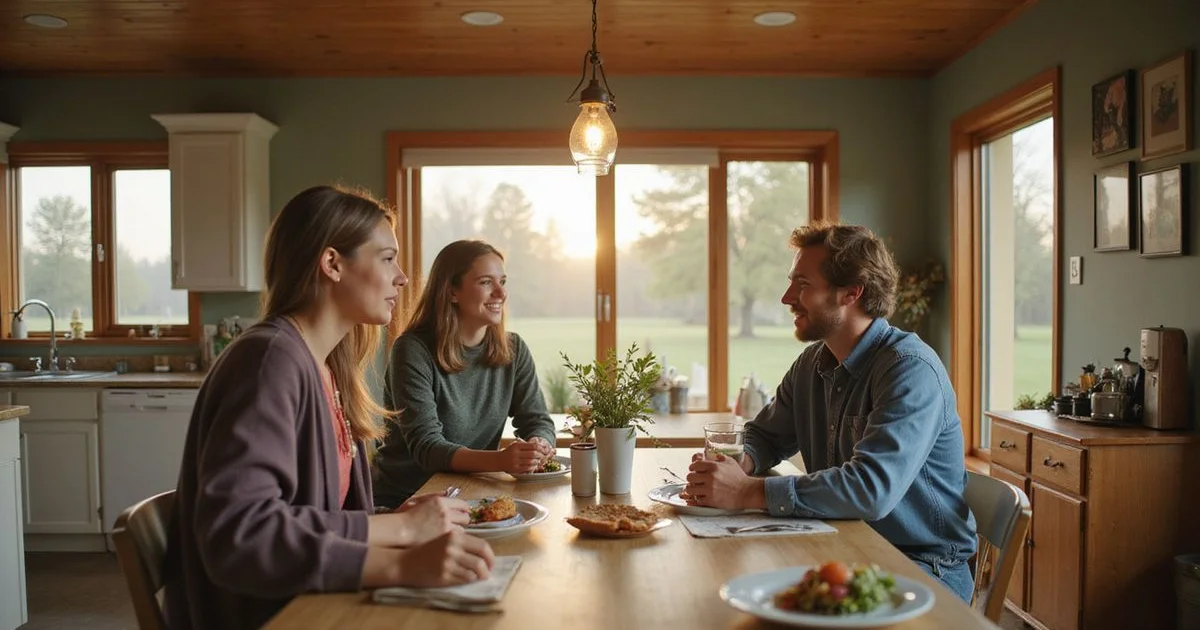Adult siblings talking around a kitchen table in a family home, warm afternoon light