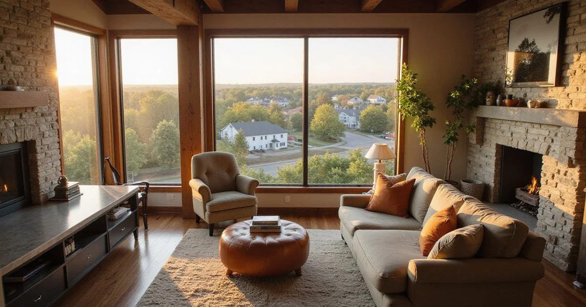 Aerial-style view of Mankato neighborhoods and the Minnesota River valley at golden hour