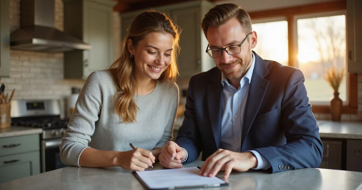 Agent and homeowner reviewing a listing agreement at a kitchen island, golden hour light