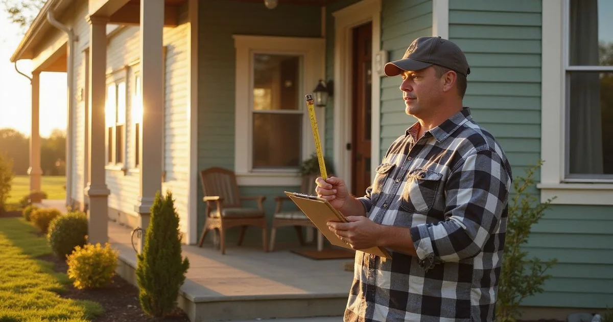 Appraiser measuring a Midwestern home's exterior with a clipboard at golden hour