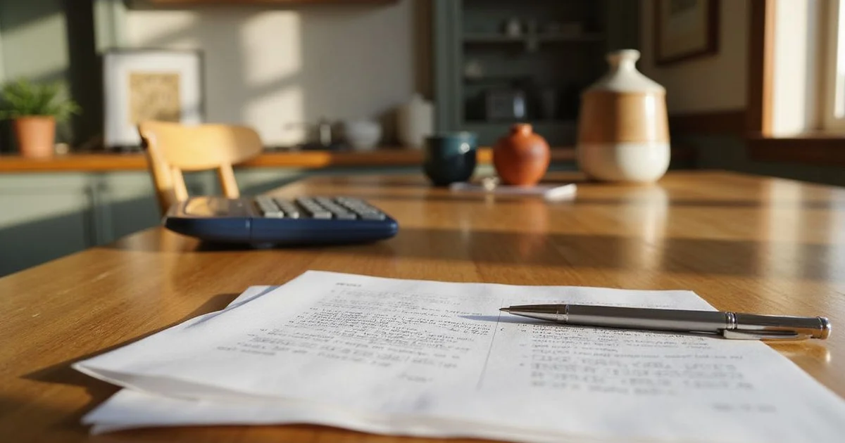 Calculator, pen and printed closing statement on a wooden kitchen table in warm afternoon light