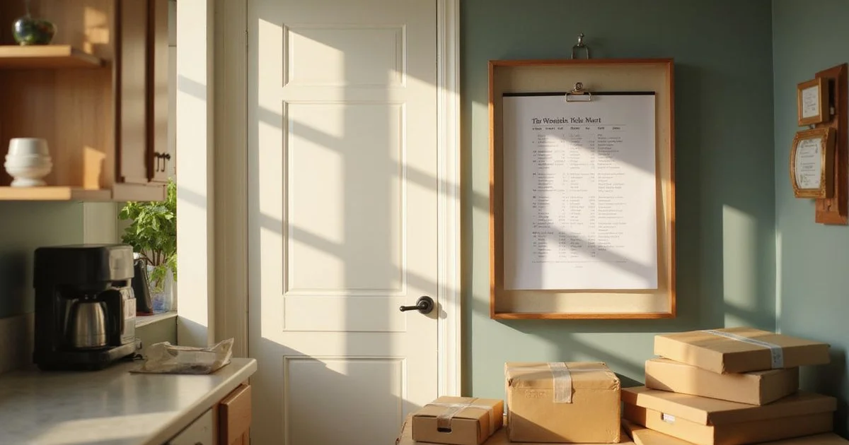Calendar on a kitchen wall beside moving boxes in a sunlit Mankato home