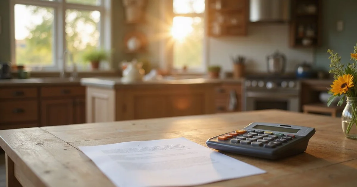 Cash offer letter and calculator on a kitchen table in a Mankato home, golden light