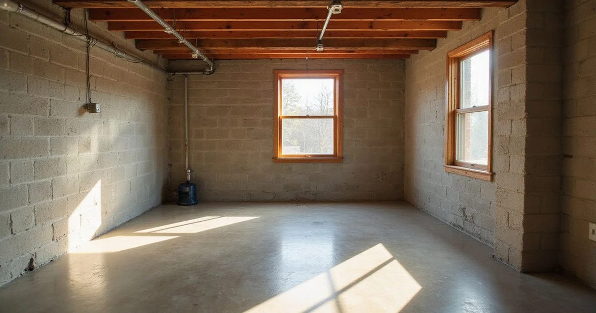 Clean Minnesota basement with block foundation walls and sump pump, natural light from a window well