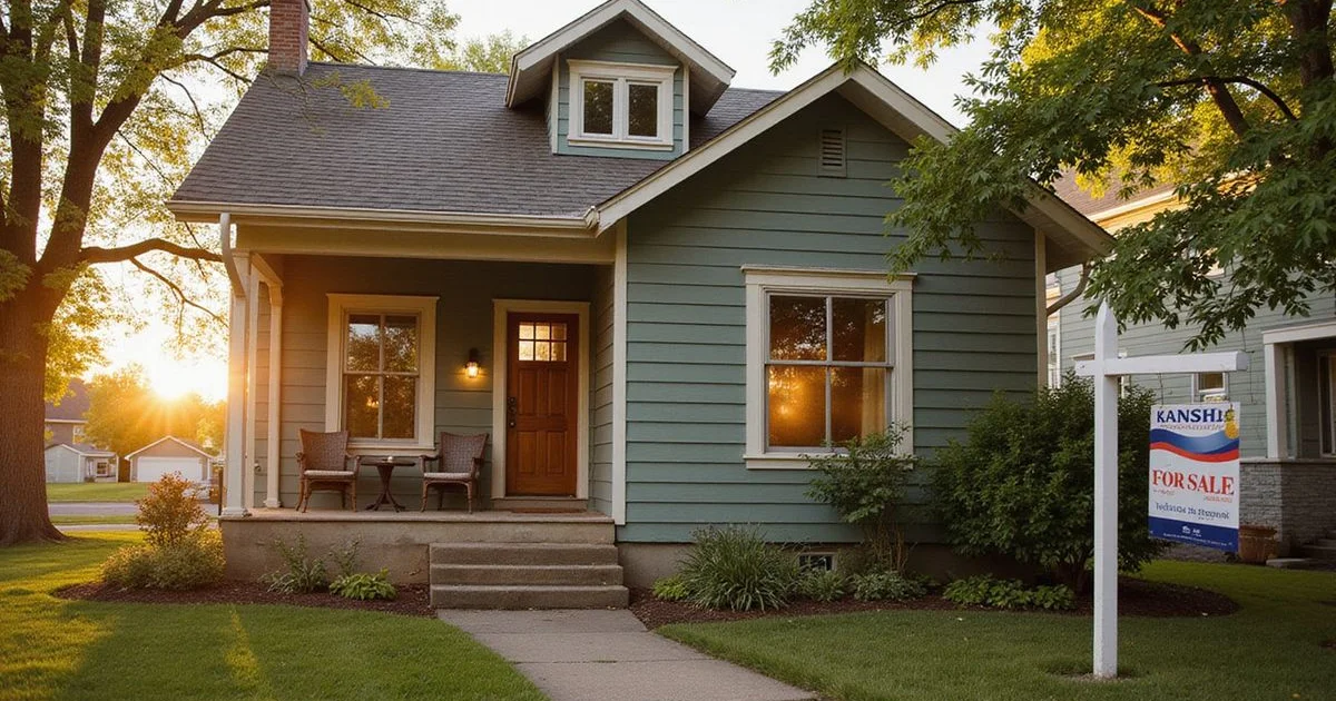 Dated Mankato bungalow with a for-sale sign, warm golden hour light