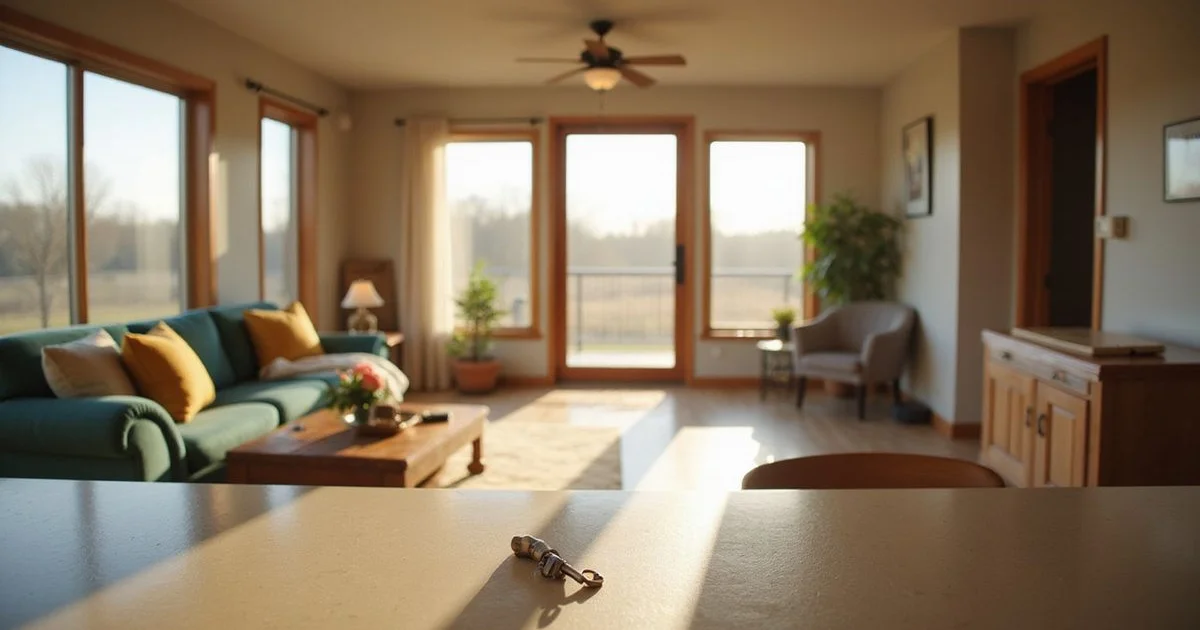 Empty sunlit living room of a Mankato home with a lockbox key on the counter