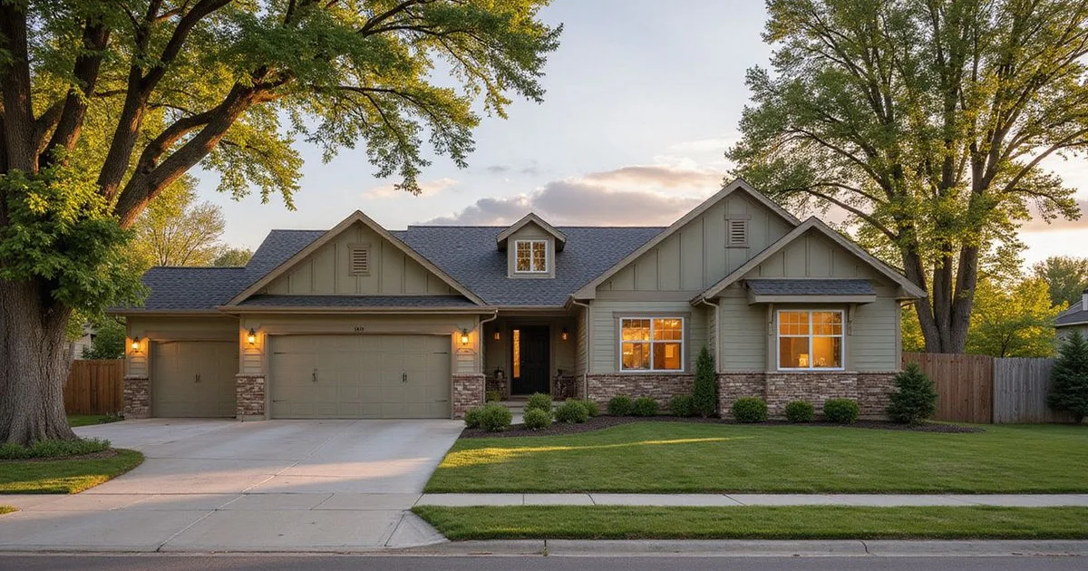 Established resale home with mature trees beside a new east-side Mankato subdivision street, golden hour
