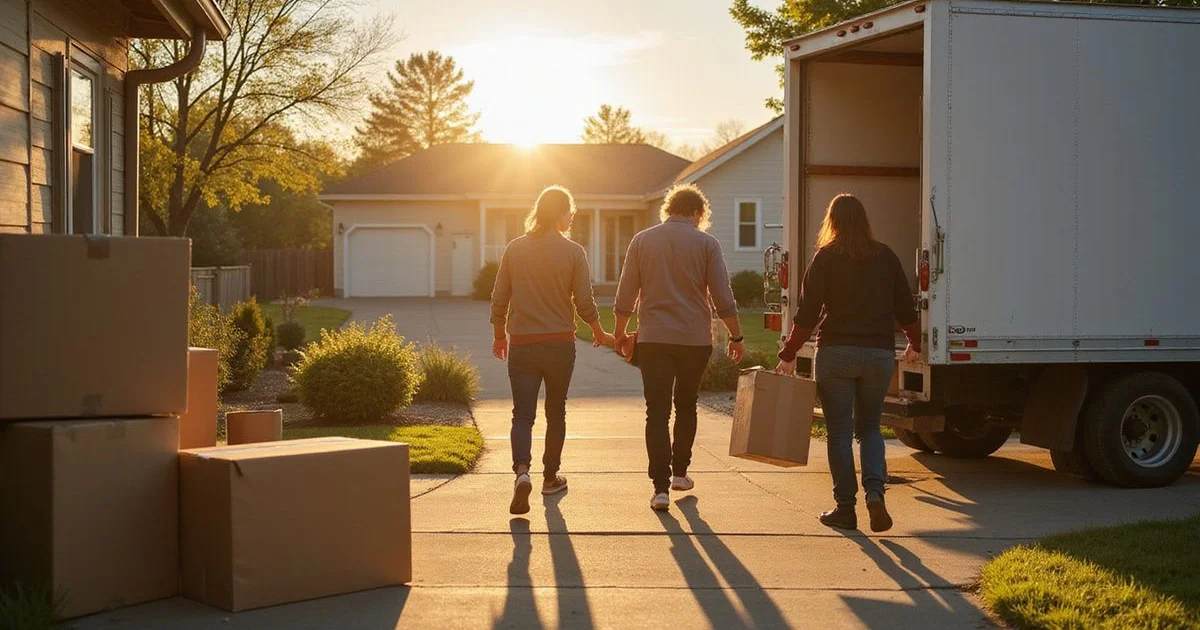Family carrying boxes from one Mankato home toward a moving truck at golden hour