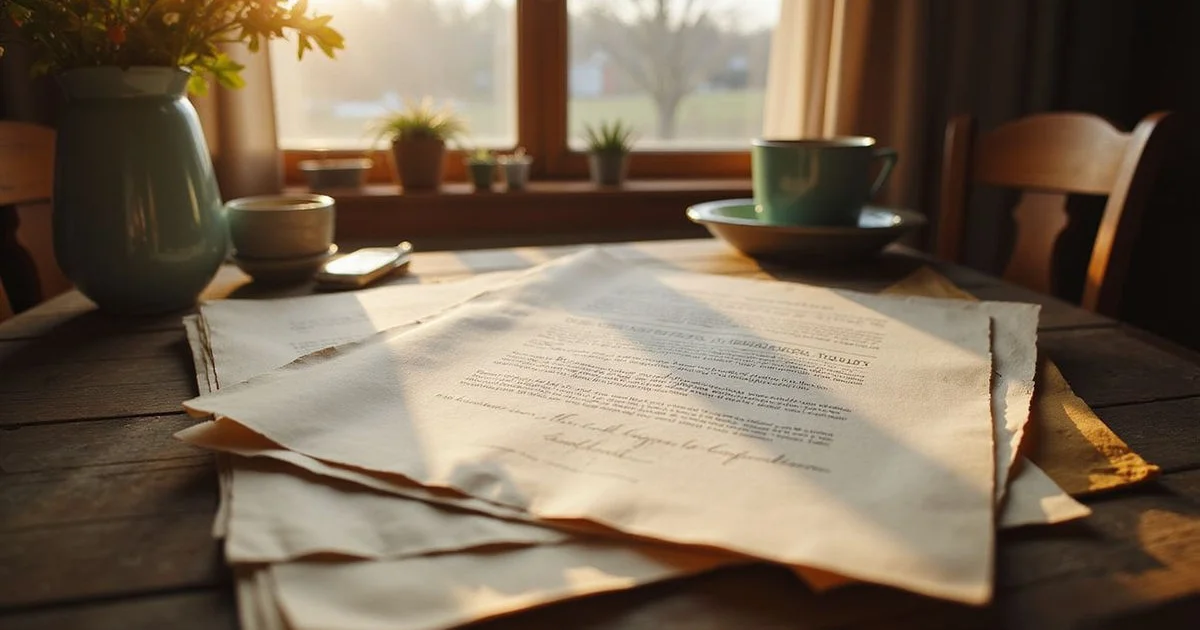 Family papers and a house deed on an old wooden desk in warm window light