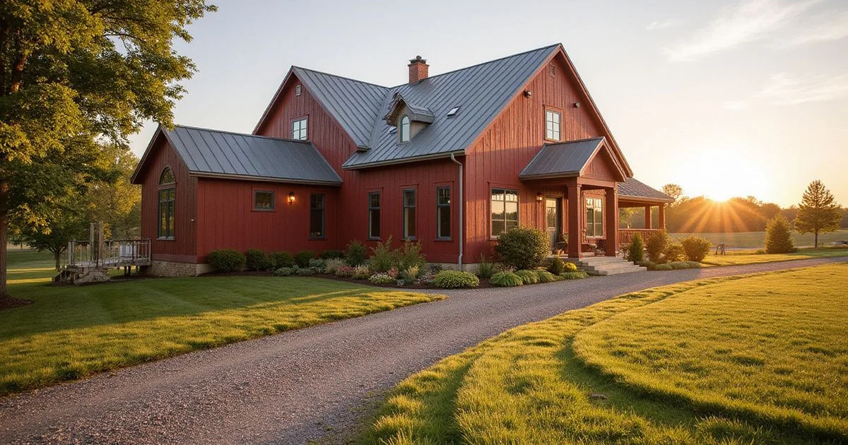 Farmhouse acreage outside Mankato with red barn and gravel drive in golden hour light