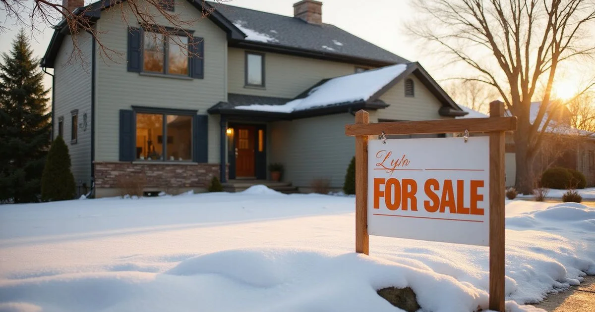 For-sale sign on a snowy-edged lawn in front of a Mankato two-story home, overcast-to-golden light