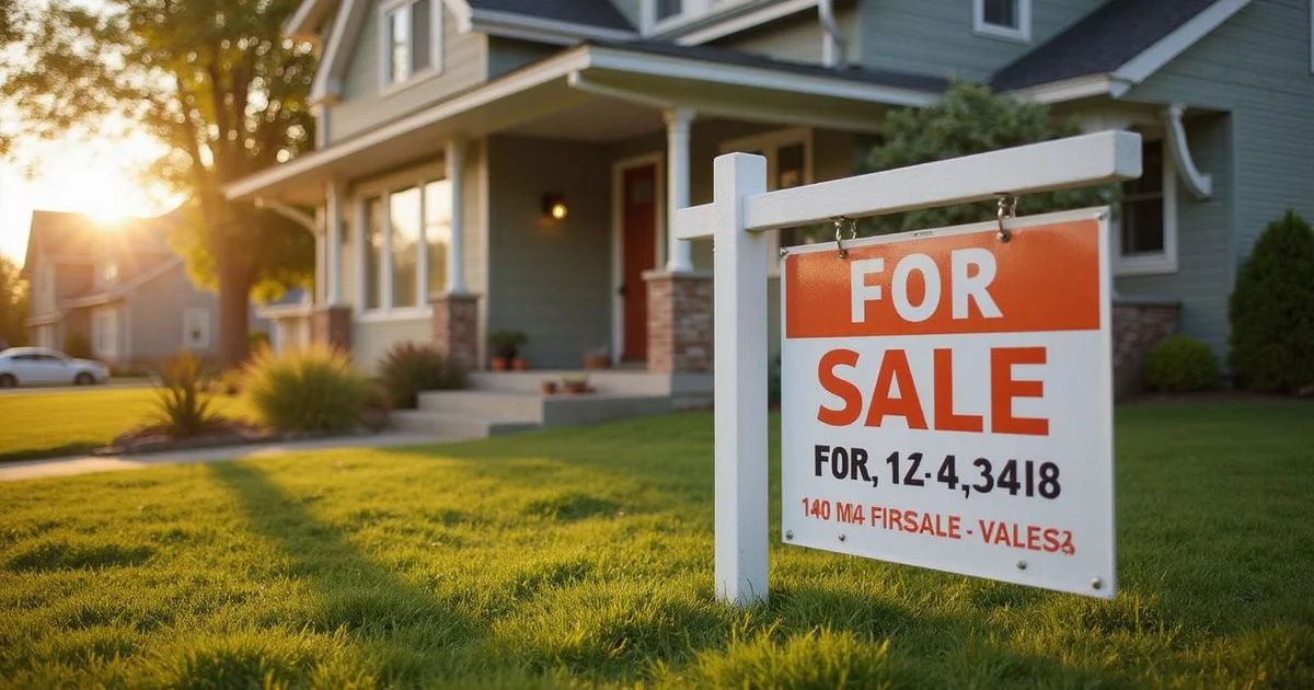 For-sale sign with a fresh price rider on a Mankato lawn at golden hour