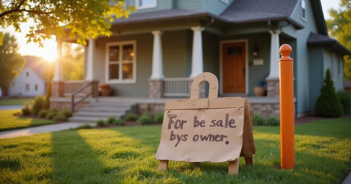 Handmade for-sale-by-owner sign beside a professional yard sign on a Mankato street, golden hour