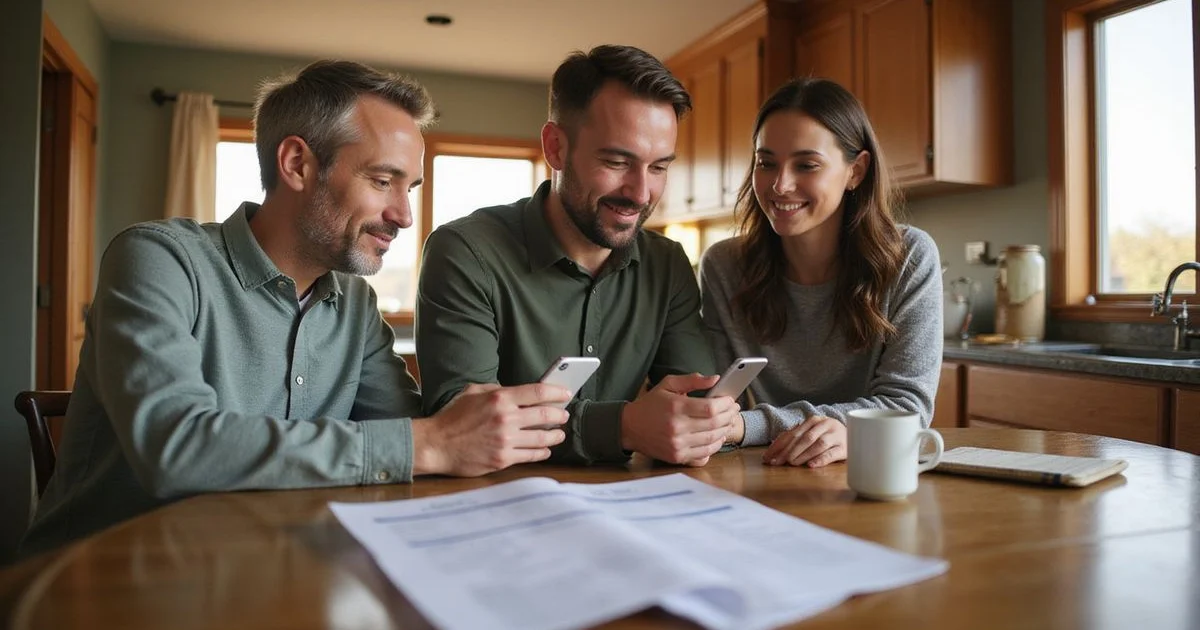 Homeowner comparing a phone home-value app with a printed report at a sunlit table
