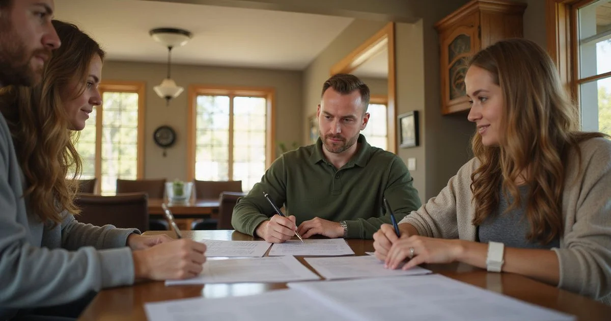 Homeowner filling out a disclosure form at a dining table in a lived-in Minnesota home, soft golden light