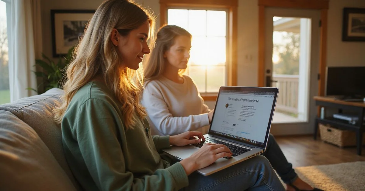 Homeowner on a laptop viewing an online offer in a sunlit Minnesota living room
