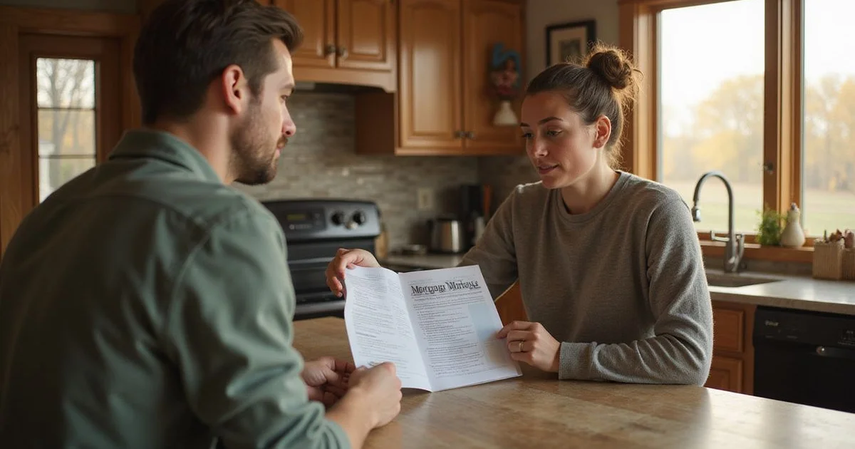 Homeowner reviewing mortgage paperwork at a kitchen table in a modest Minnesota home, warm window light