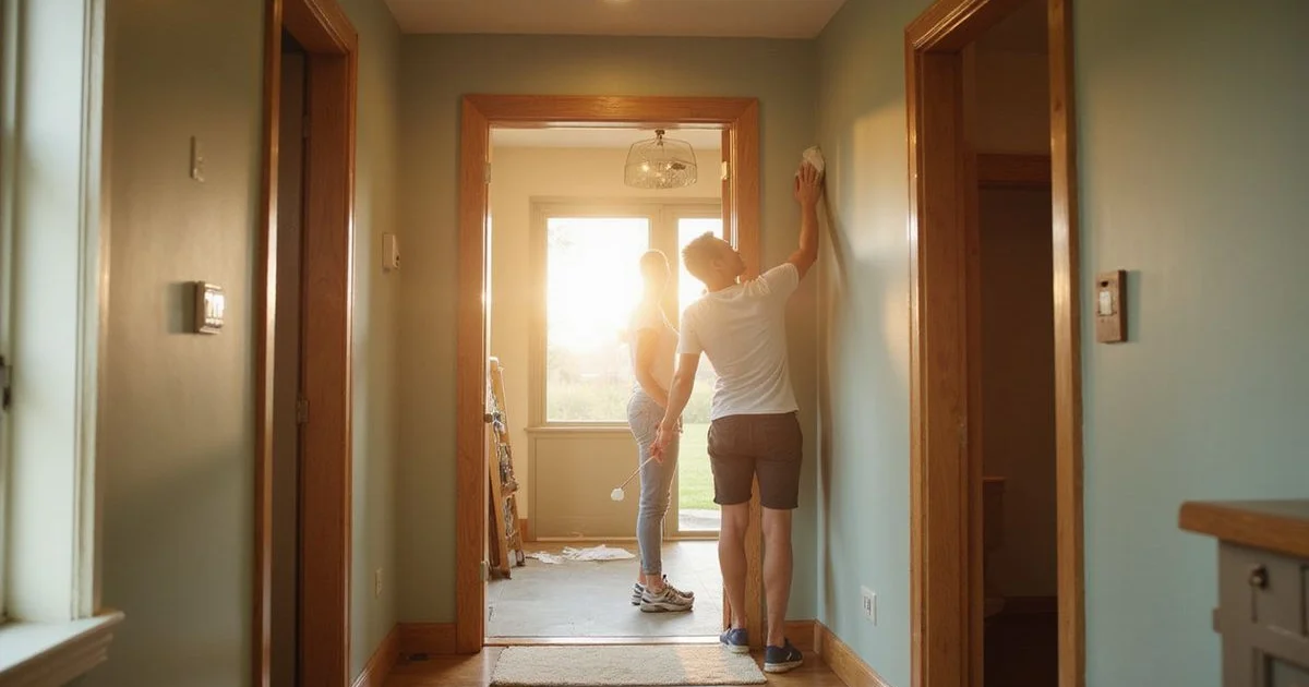 Homeowner touching up paint on a door frame in a sunlit Mankato hallway