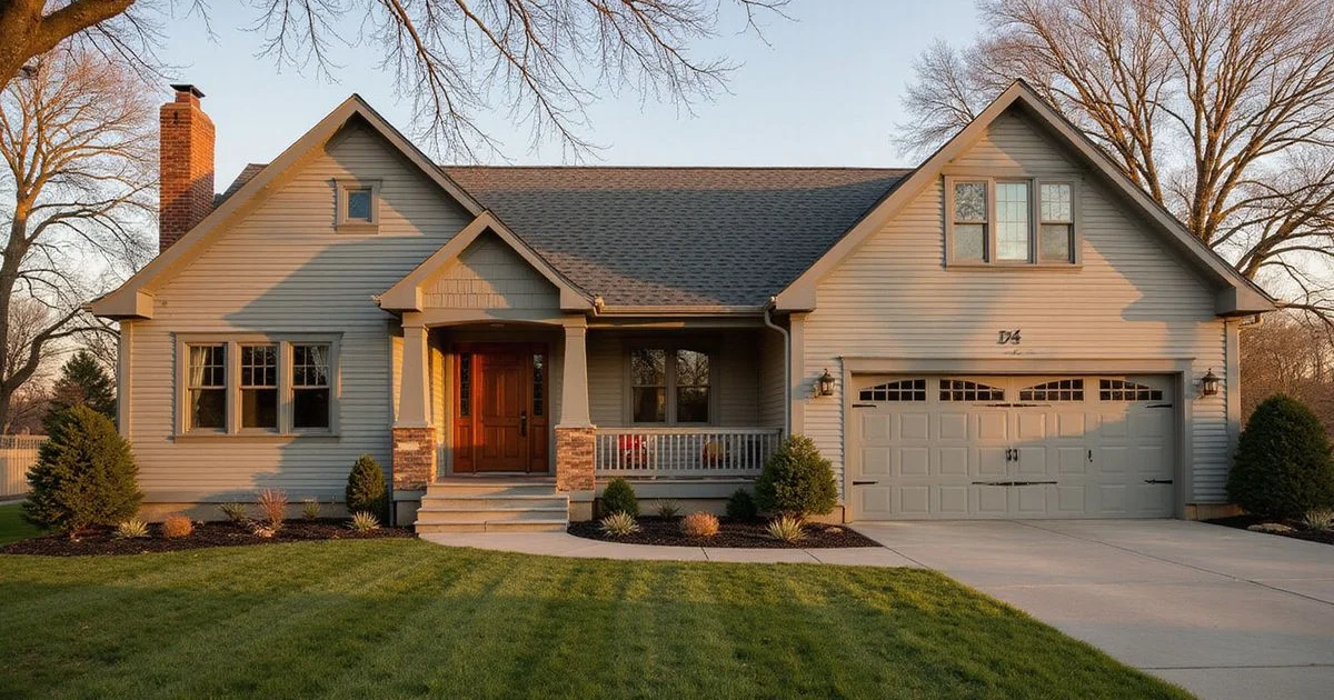 Inherited Mankato home exterior with a tidy yard at golden hour