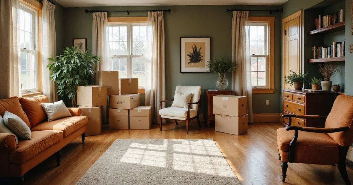 Labeled boxes and furniture in a sunlit living room of an older Mankato home during clean-out