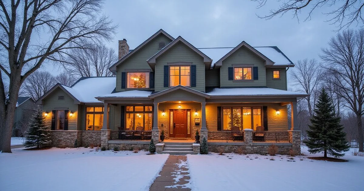 Mankato two-story home dusted with snow, warm interior lights glowing at winter golden hour
