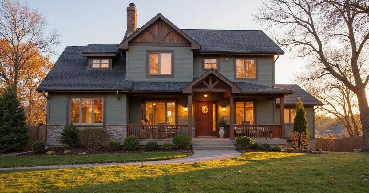 Mankato two-story home in early November with fall leaves and warm porch light