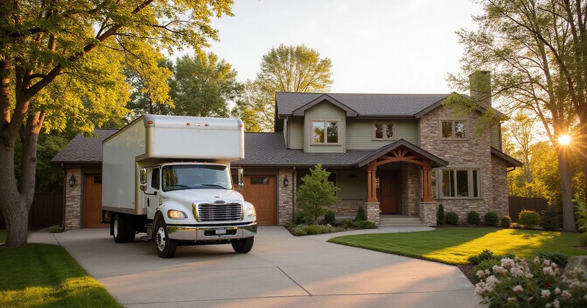 Moving truck in the driveway of a well-kept Mankato home at golden hour