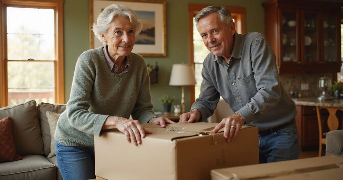 Older couple packing keepsakes into boxes in a sunlit living room of a long-held Midwestern home