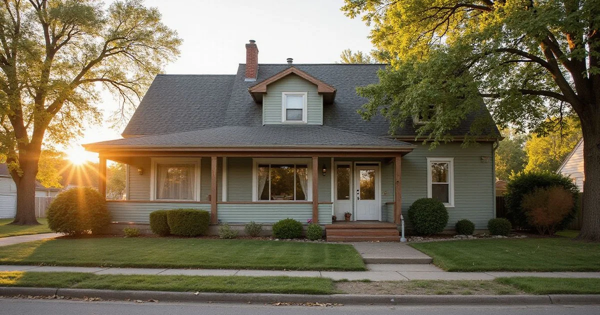 Older Mankato home needing exterior repairs on a quiet street at golden hour