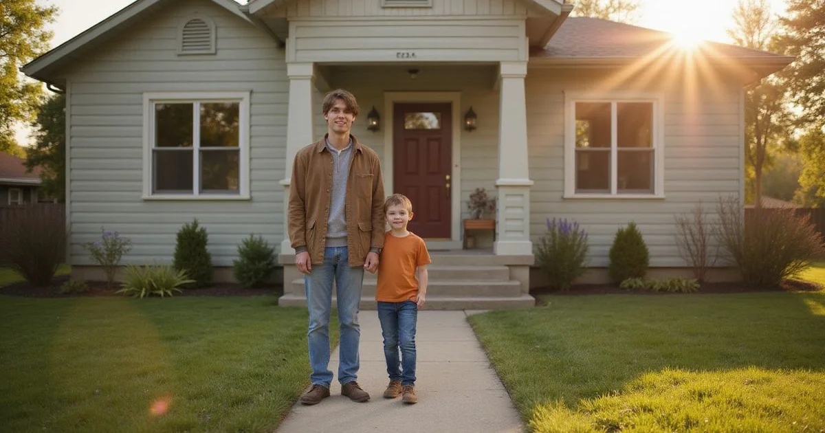 Parent and college-age child in front of a small house near MSU Mankato at golden hour