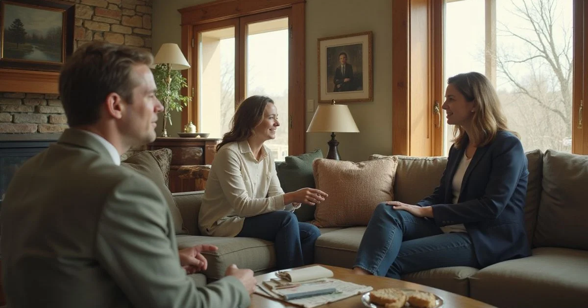 Personal representative meeting a realtor in the living room of an older Mankato home, soft light