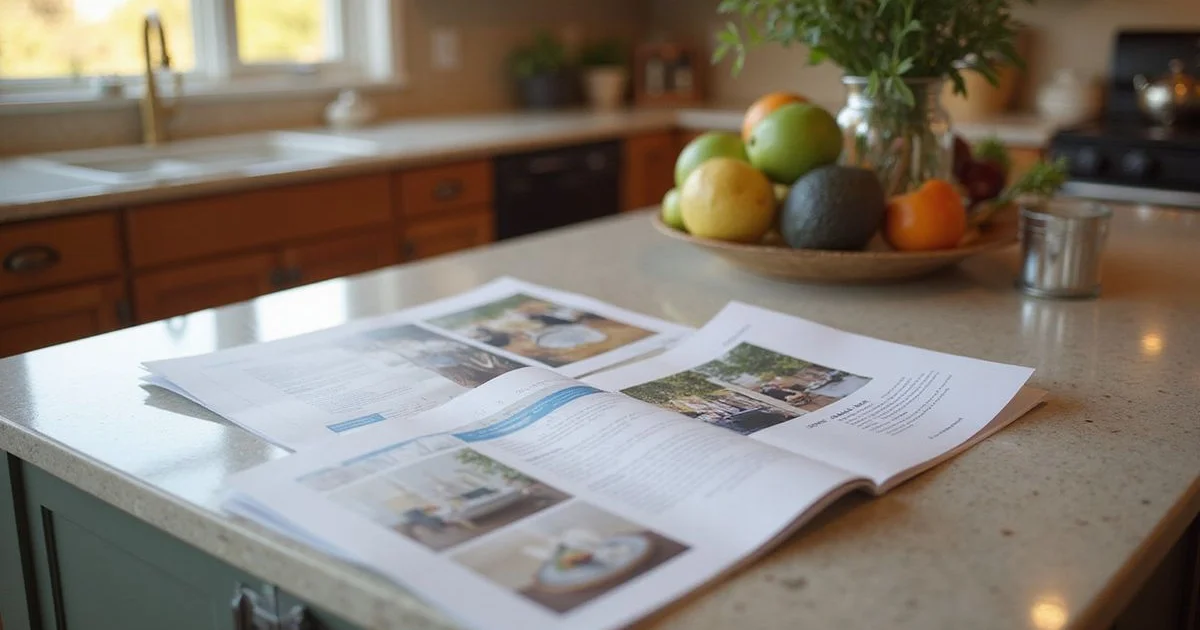 Printed comparative market analysis with comp photos spread on a kitchen island, golden hour light