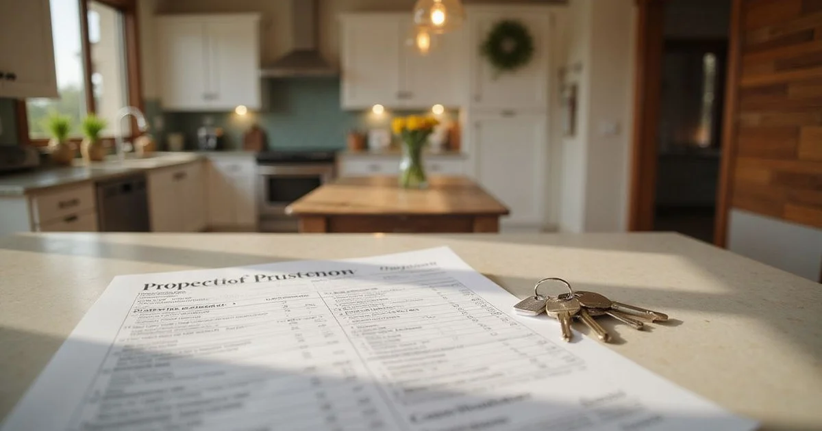 Property tax statement and house keys on a kitchen counter in warm light