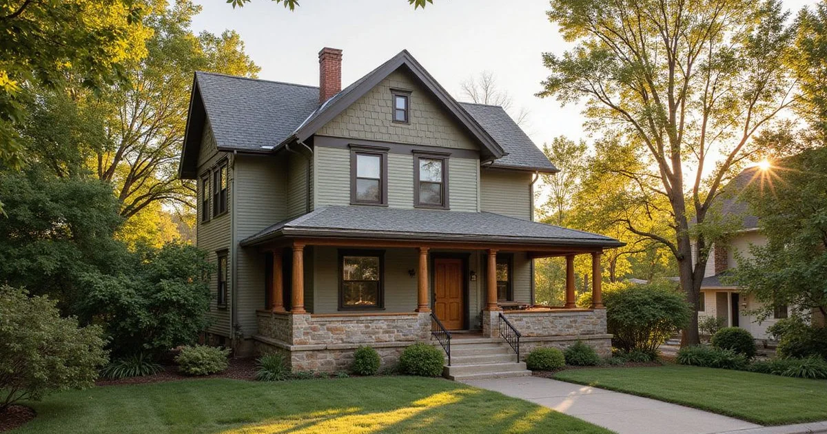 Queen Anne house with wraparound porch on a hillside street in Lincoln Park Mankato, golden hour