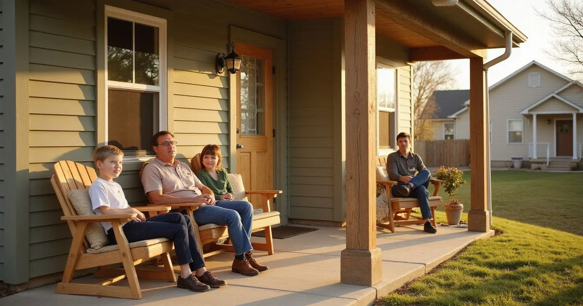 Quiet front porch of a tidy Mankato family home in golden hour light, empty chairs, calm mood
