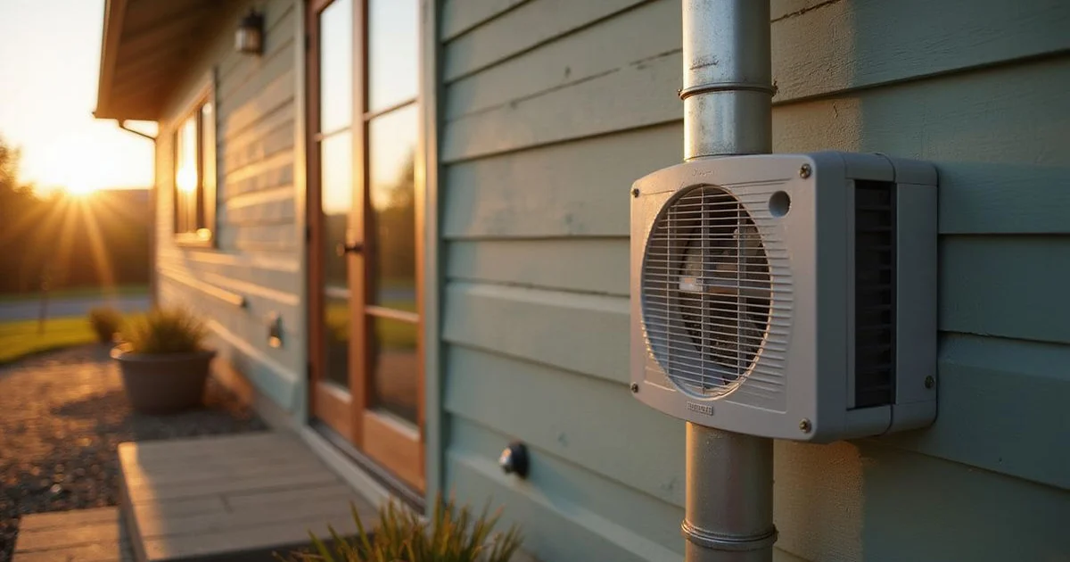 Radon mitigation pipe and fan on the side of a Minnesota home, golden hour