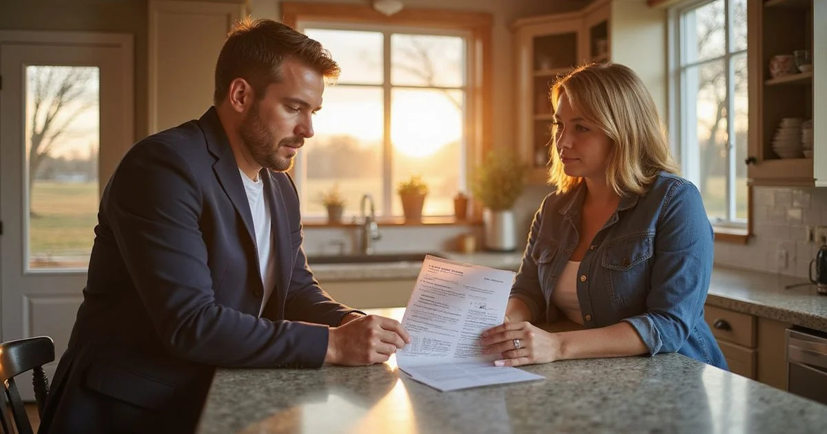 Realtor and couple reviewing a printed home value report at a sunlit kitchen island in a Mankato home, golden hour