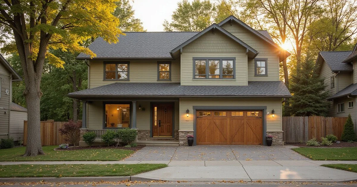 Residential street in North Mankato near the Minnesota River valley bluffs at golden hour