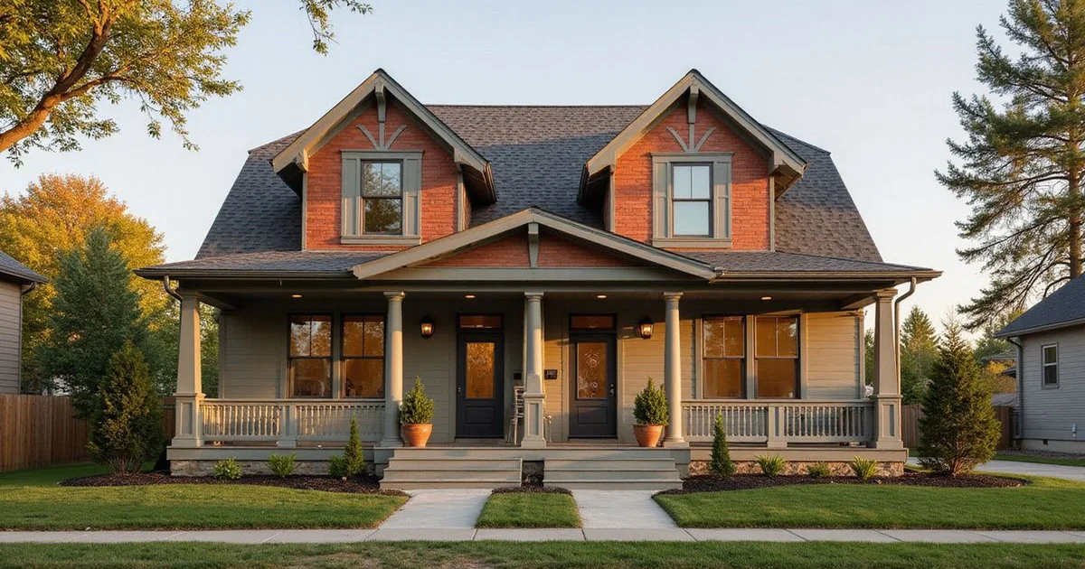 Side-by-side duplex in Mankato with matching porches at golden hour