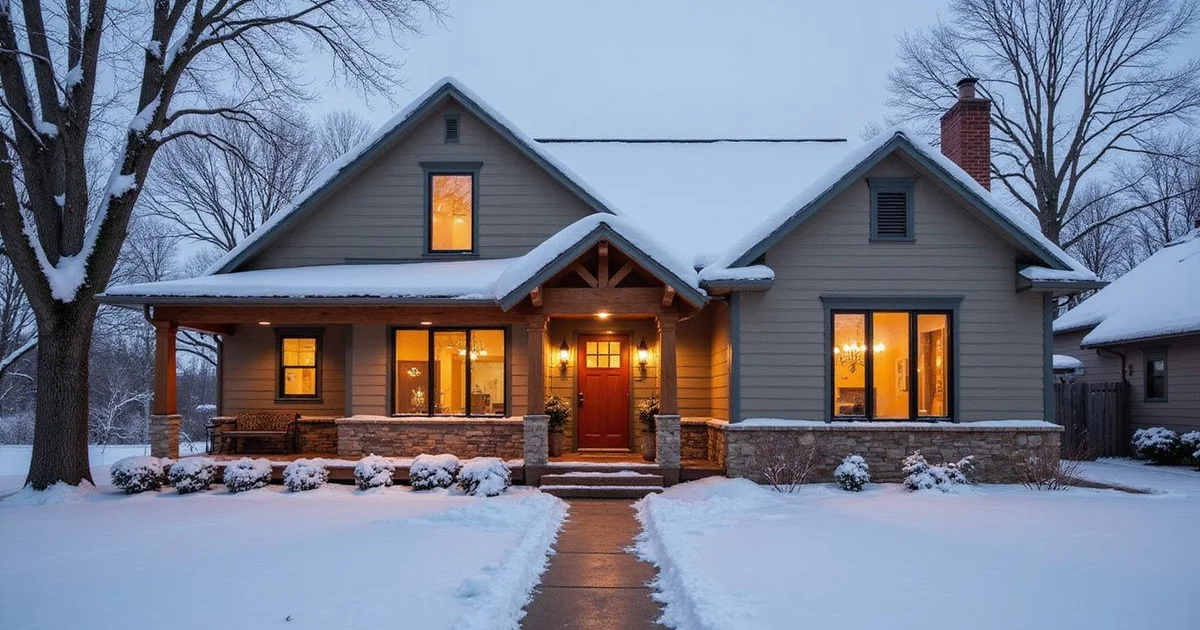 Snow-covered Mankato home with a cleared walkway and warm porch light at winter dusk