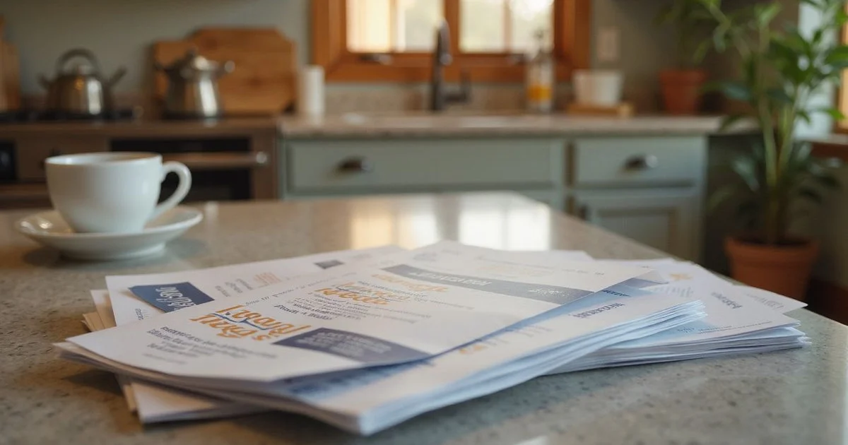 Stack of 'we buy houses' mailers on a kitchen counter beside coffee, warm light