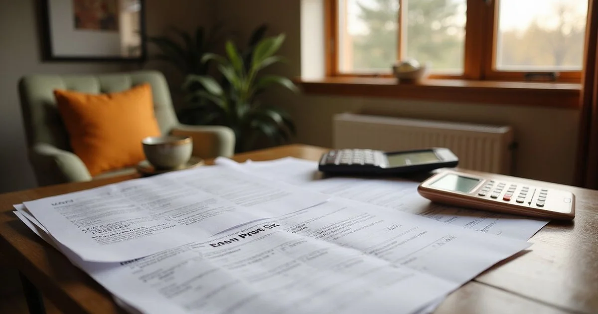 Tax documents and calculator on a desk in a warm home office
